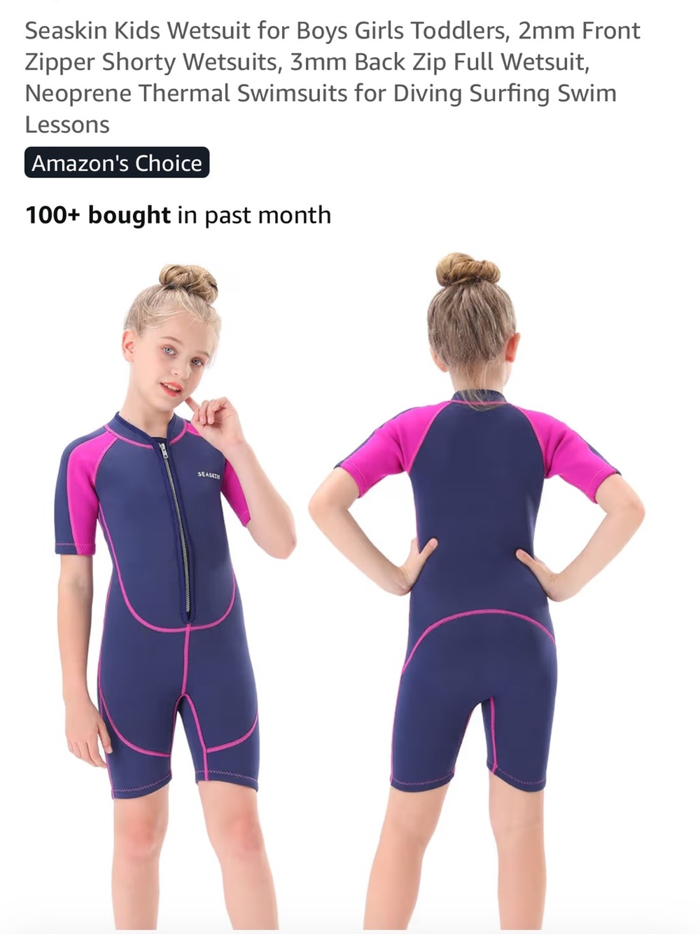 Seaskin Kids Shorty Rashguard Swimsuit — Navy with Pink Trim